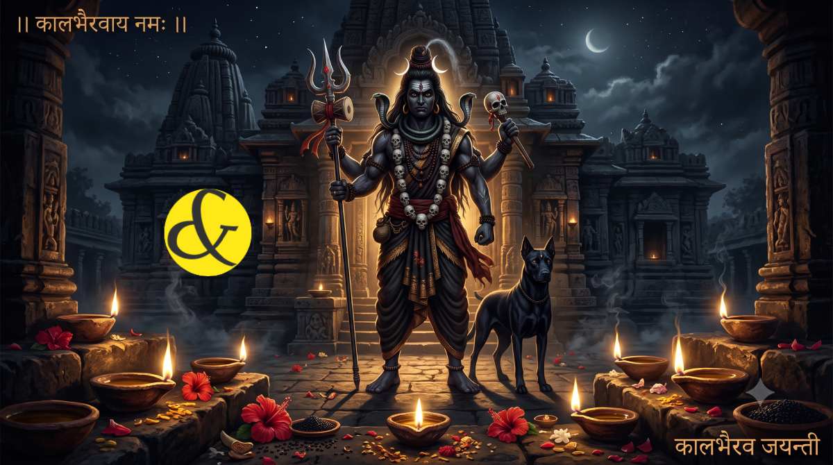 | A fierce and divine depiction of Lord Kaal Bhairav standing|