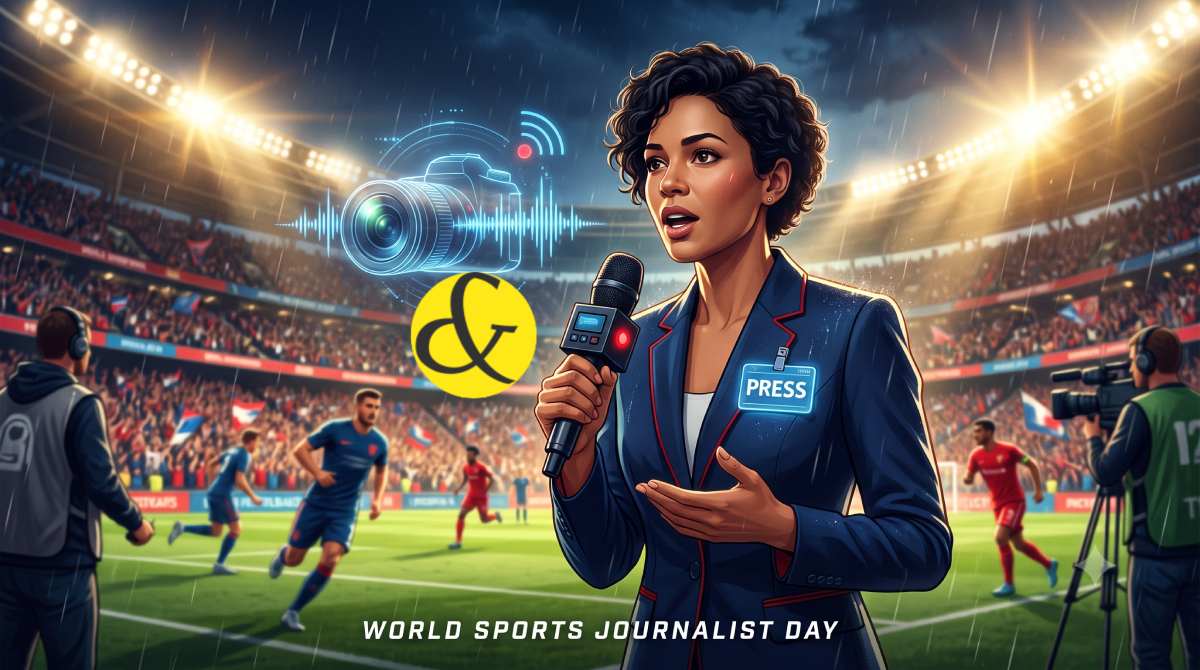 | A dynamic illustration showing a sports journalist with a  |
