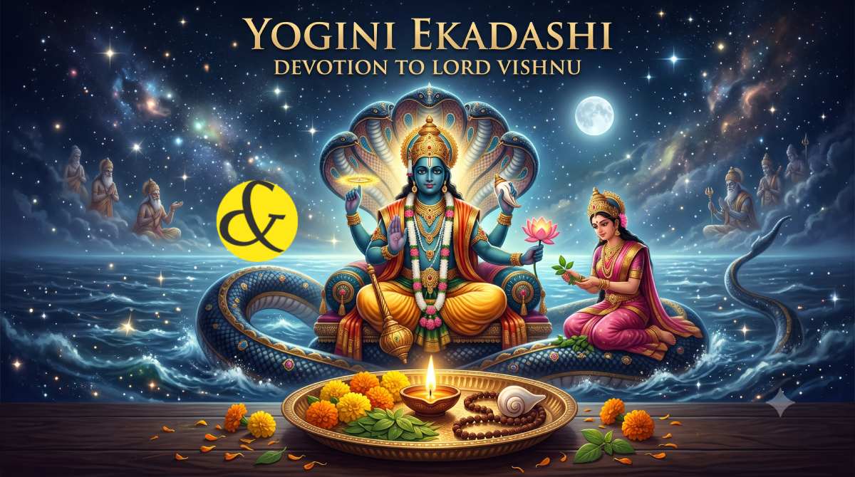 | A serene, divine illustration of Lord Vishnu seated on the |