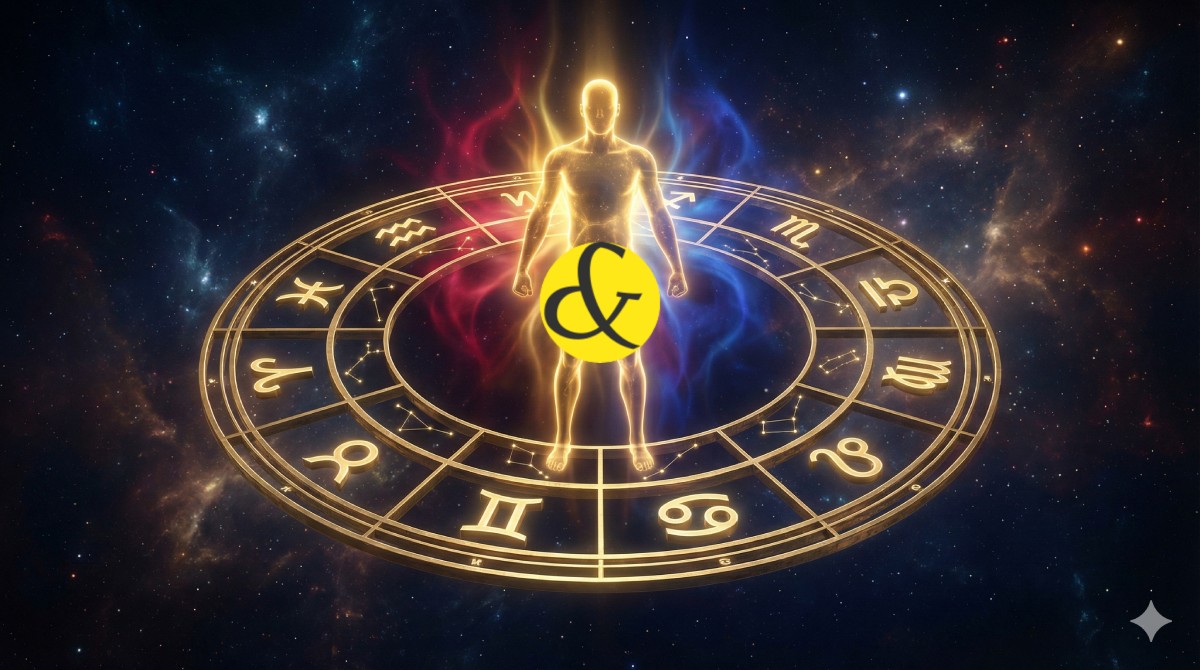 A majestic, glowing silhouette of a person standing at the center of a golden zodiac wheel, representing the 1st House (Ascendant). Different planetary colored auras (Red for Mars, Gold for Sun) radiate from the figure, symbolizing personality traits.