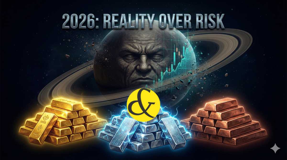 Saturn crushing stock market graphs while Gold and Silver rise in 2026.