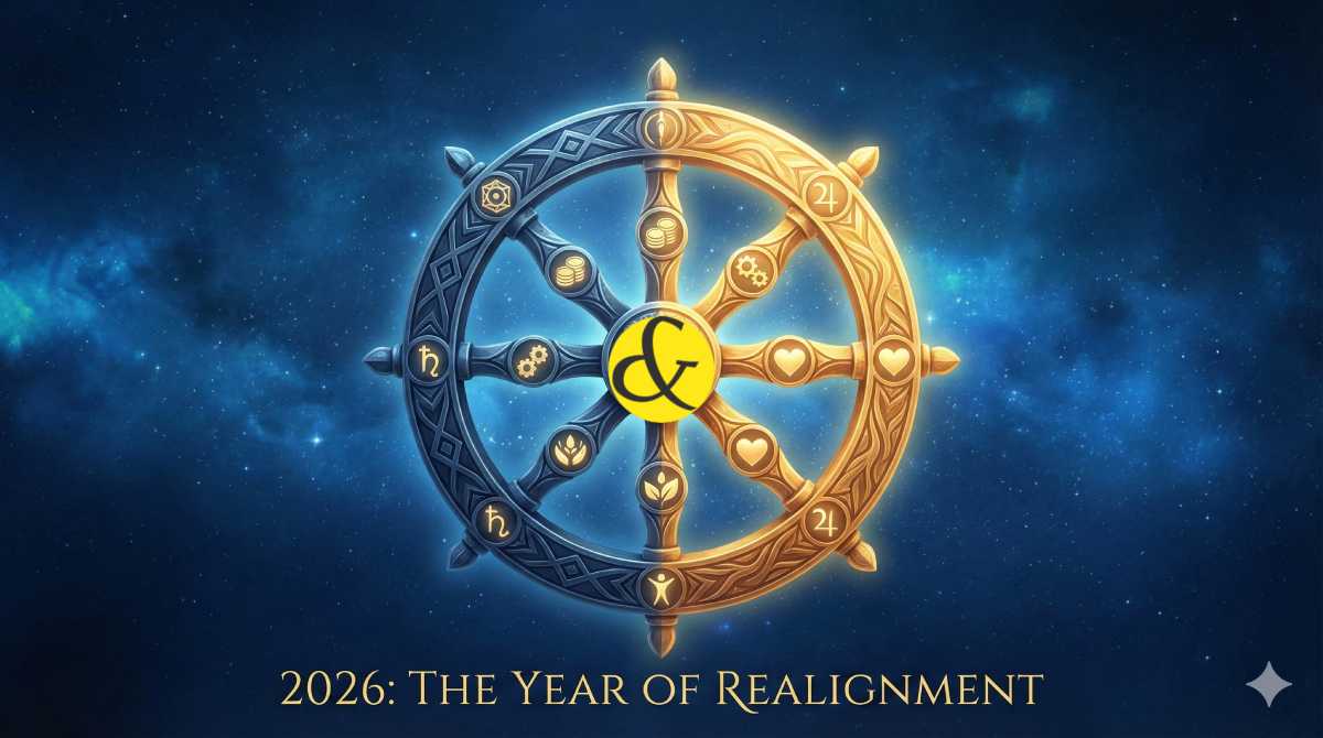 Golden Dharma Wheel representing the balance of life sectors in 2026.