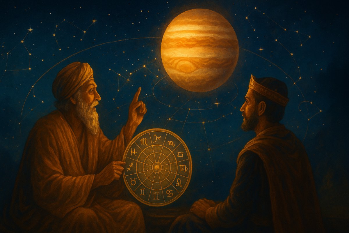 An ancient astrologer explains planetary movements to a king under a starry night sky, with Jupiter glowing brightly above and a zodiac wheel illuminated in golden light, symbolizing true astrology and cosmic awareness