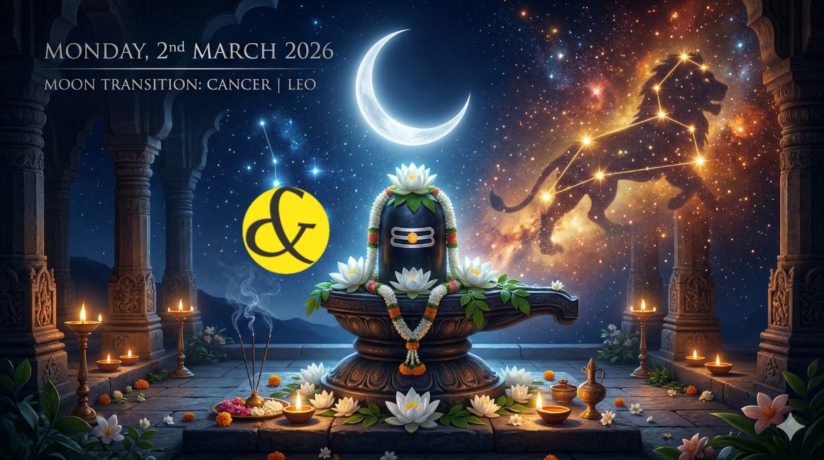 Silver Moon and Shivling astrological theme representing Monday 02 March 2026.