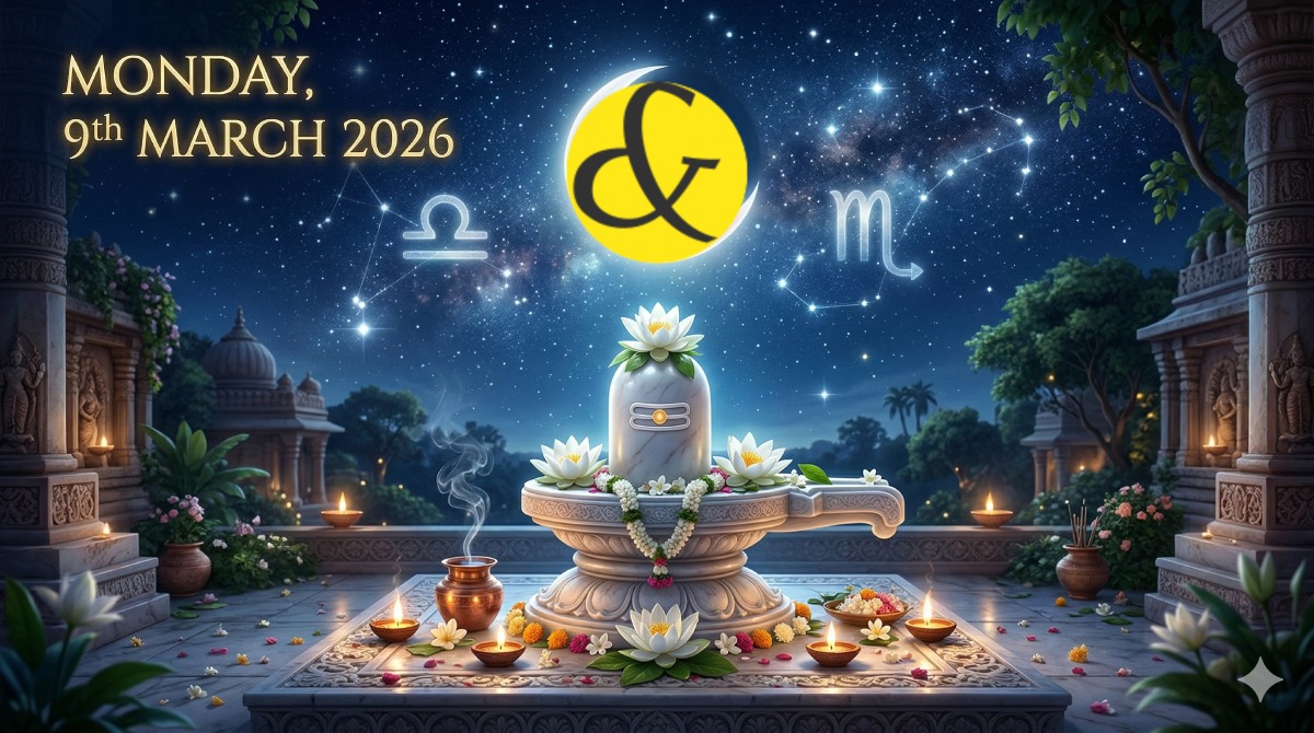Glowing crescent moon and Shivling astrological theme representing the Monday Horoscope for 09 March 2026.