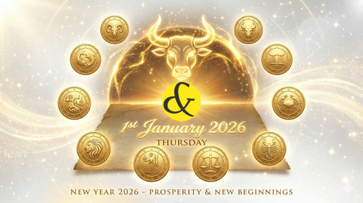 1st January 2026 Horoscope Chart with Golden Sunrise and Zodiac Symbols.
