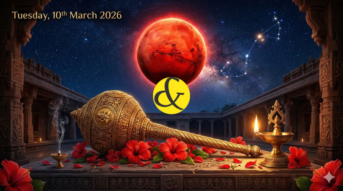 Glowing red Mars and Lord Hanuman's golden mace representing the astrological Tuesday Horoscope for 10 March 2026.