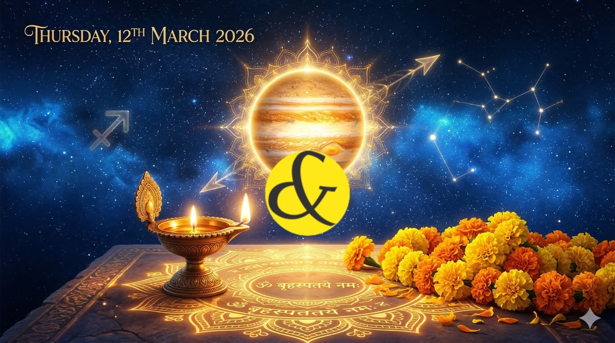Glowing golden Jupiter and Sagittarius arrow representing the astrological Thursday Horoscope and Panchang for 12 March 2026.