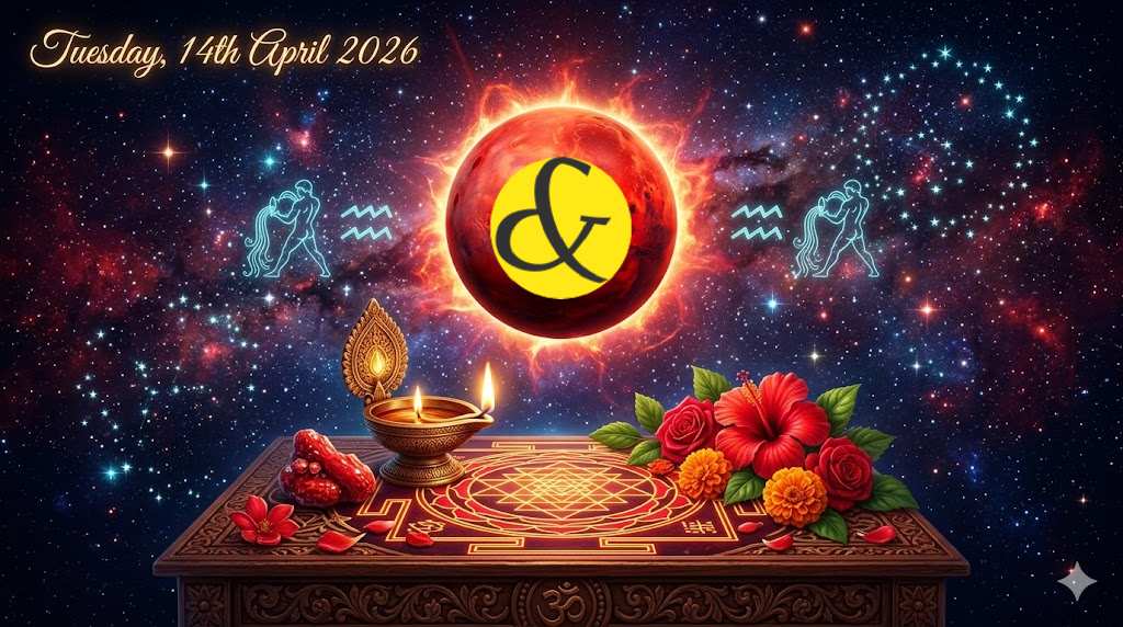 Glowing red Mars and Aquarius Water Bearer symbol representing the astrological Tuesday Horoscope and Panchang for 14 April 2026.