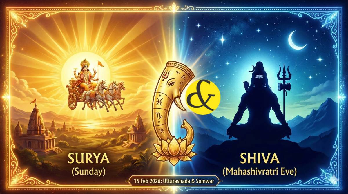 Sun and Lord Shiva symbols representing Sunday 15th February 2026 astrology.