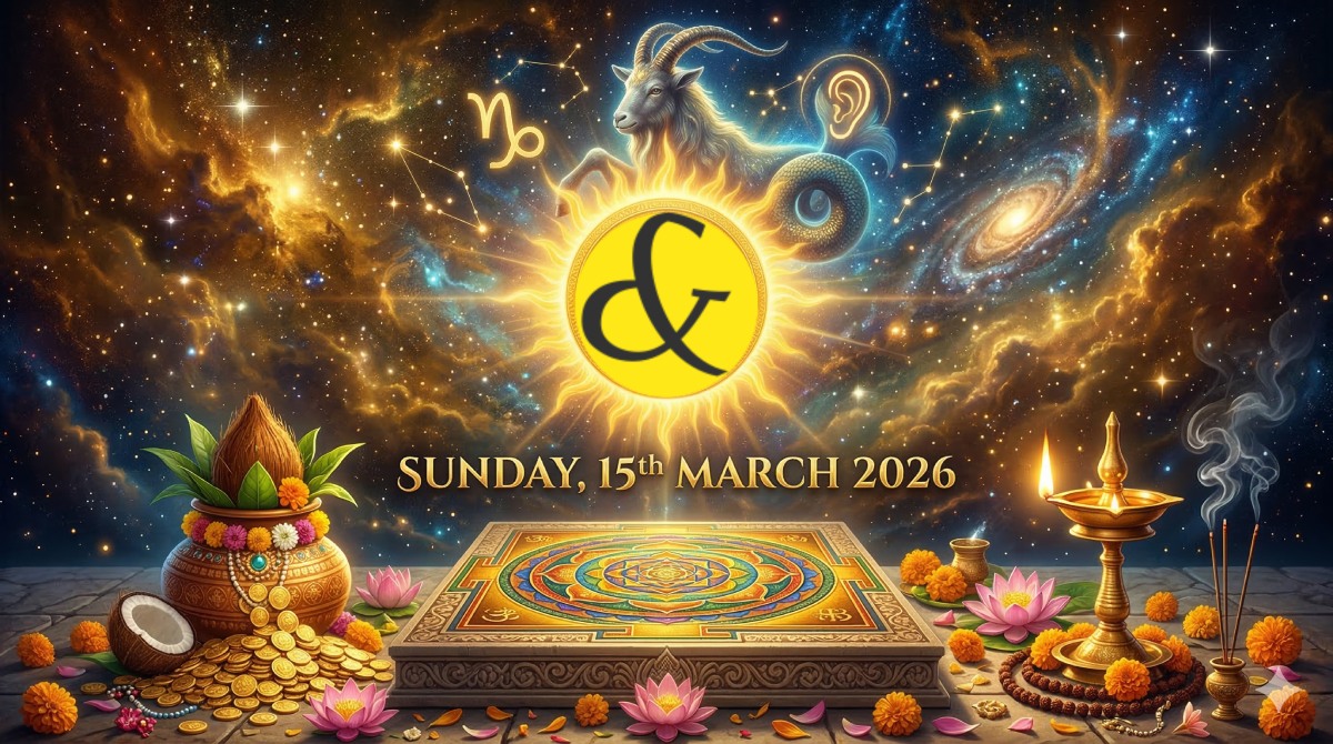 Glowing golden sun and Capricorn sea-goat symbol representing the astrological Sunday Horoscope and Panchang for 15 March 2026.