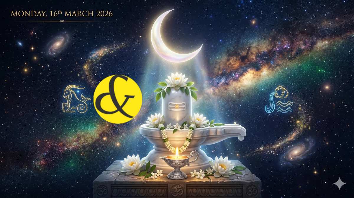 Glowing crescent moon and a divine Shivling representing the astrological Monday Horoscope and Panchang for 16 March 2026.