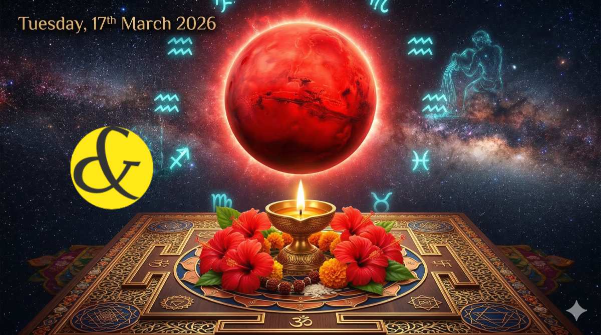 Glowing red Mars and Aquarius water-bearer symbol representing the astrological Tuesday Horoscope and Panchang for 17 March 2026.