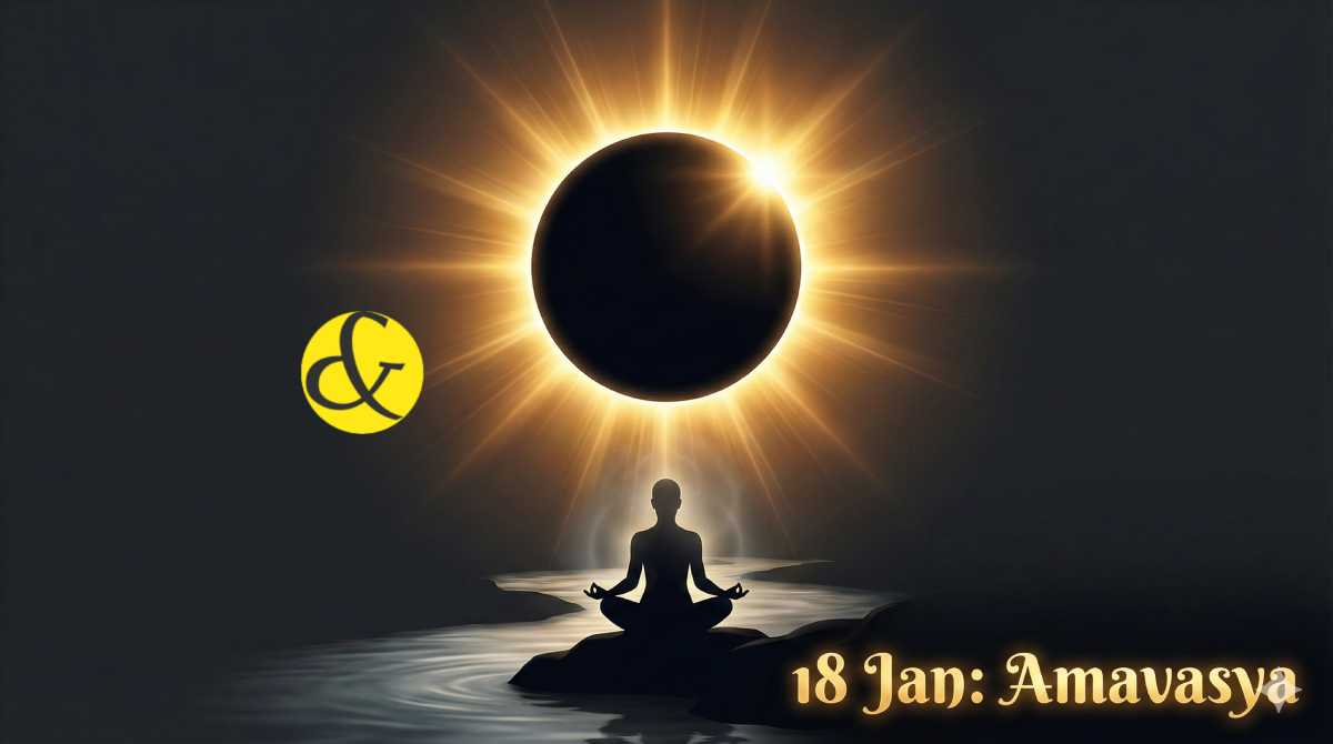 Golden Sun corona behind a black New Moon representing Ravivari Amavasya.