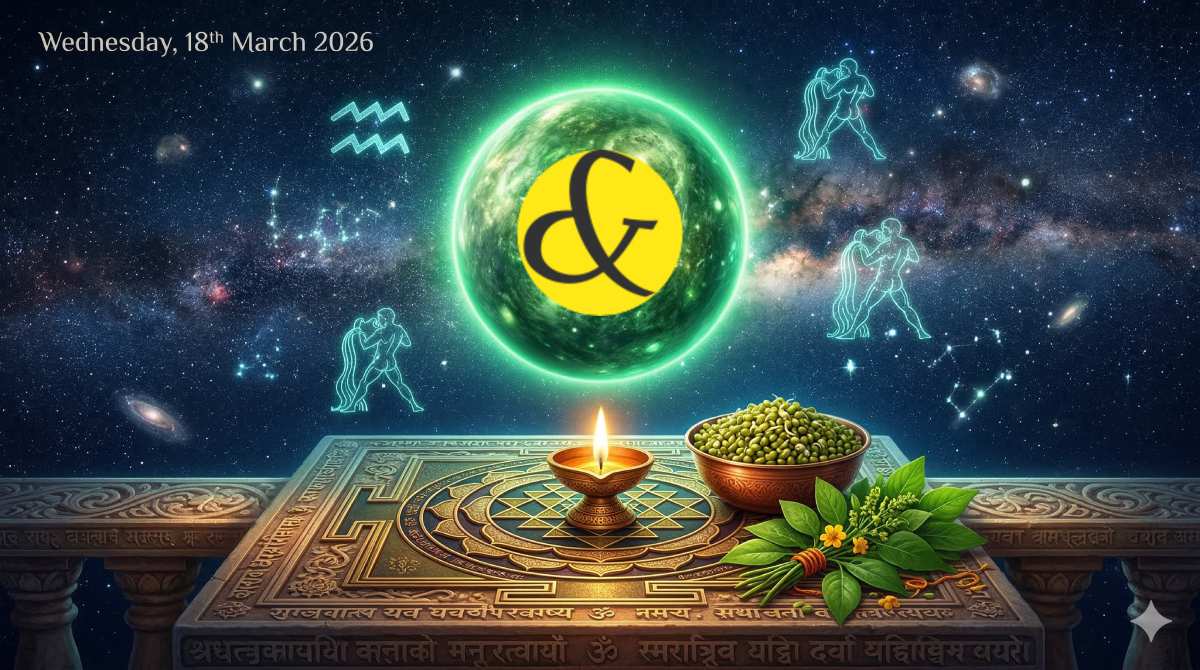 Glowing emerald-green Mercury and Aquarius water-bearer symbol representing the astrological Wednesday Horoscope and Panchang for 18 March 2026.