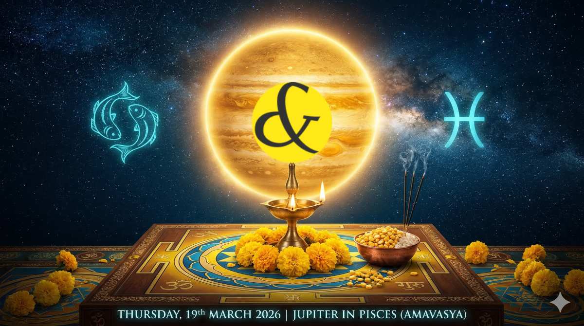 Glowing golden Jupiter and Pisces fish symbol representing the astrological Thursday Horoscope and Amavasya Panchang for 19 March 2026.