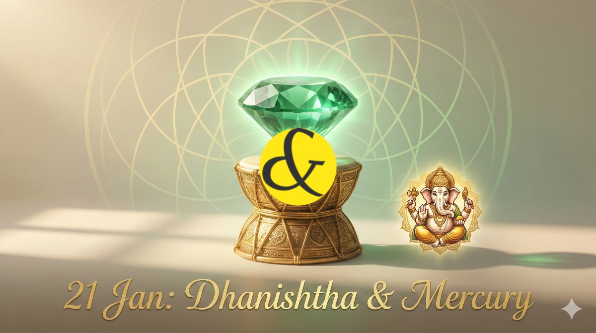 Lord Ganesha and Dhanishtha Nakshatra symbols representing 21st January 2026 astrology.