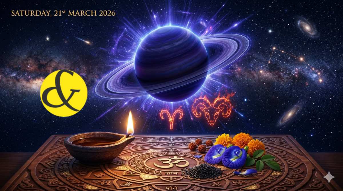 Glowing indigo planet Saturn and a fiery Aries Ram symbol representing the astrological Saturday Horoscope and Panchang for 21 March 2026.