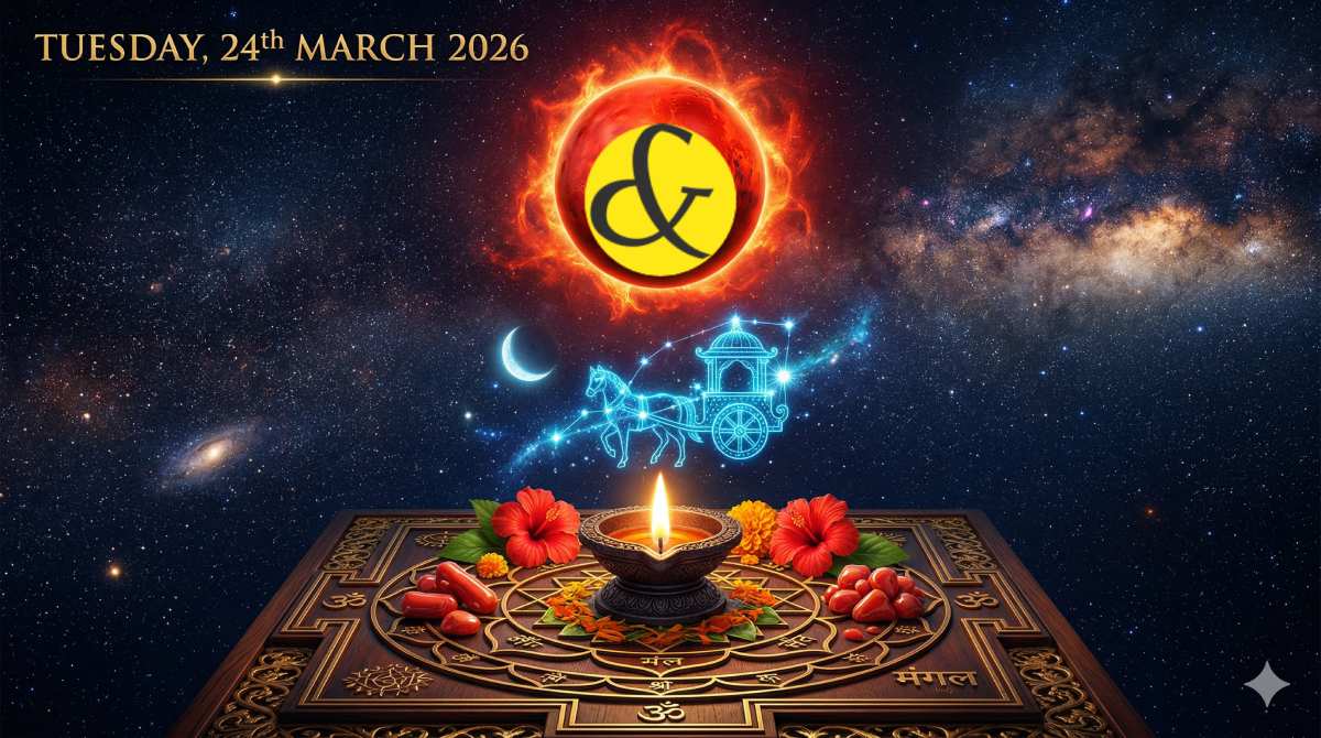 Glowing red Mars and the Rohini Nakshatra cluster representing the astrological Tuesday Horoscope and Panchang for 24 March 2026.