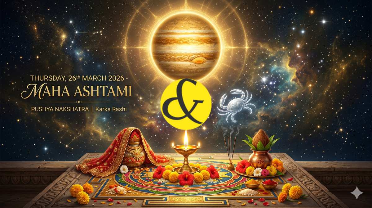 Glowing golden Jupiter and traditional Durga Ashtami Puja setup representing the astrological Thursday Horoscope and Panchang for 26 March 2026.