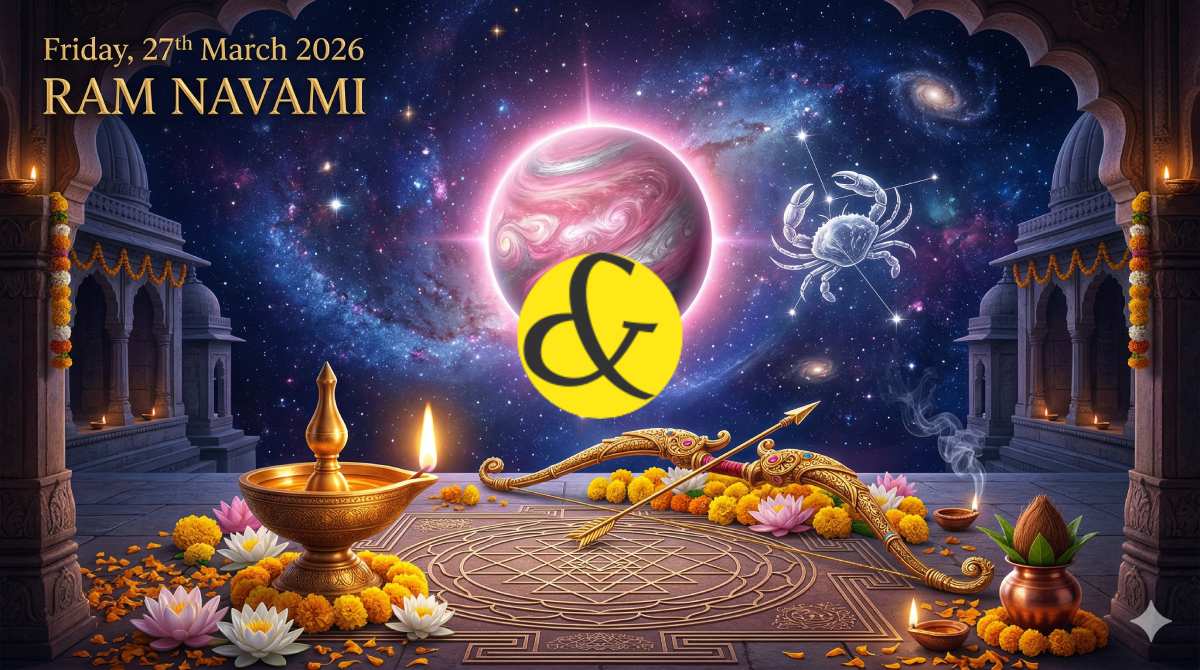 Glowing Venus, Moon in Cancer, and traditional Ram Navami Dhanush setup representing the astrological Friday Horoscope and Panchang for 27 March 2026.