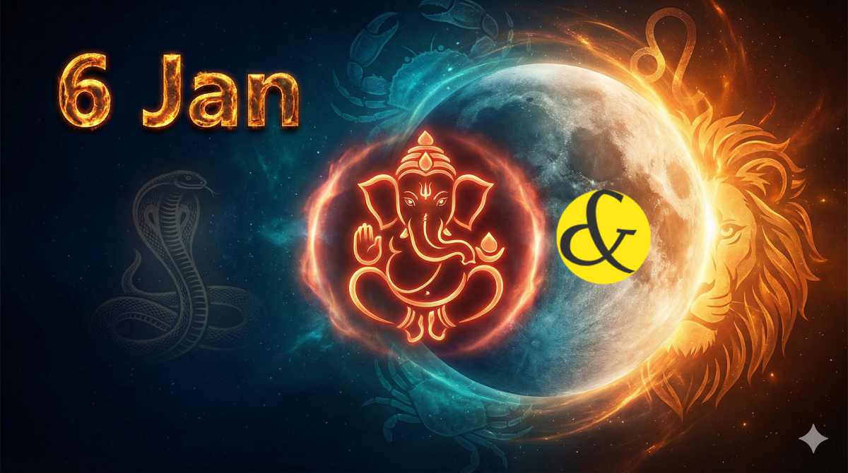 Lord Ganesha illustration for Angarki Chaturthi on 6th January 2026 with zodiac symbols.