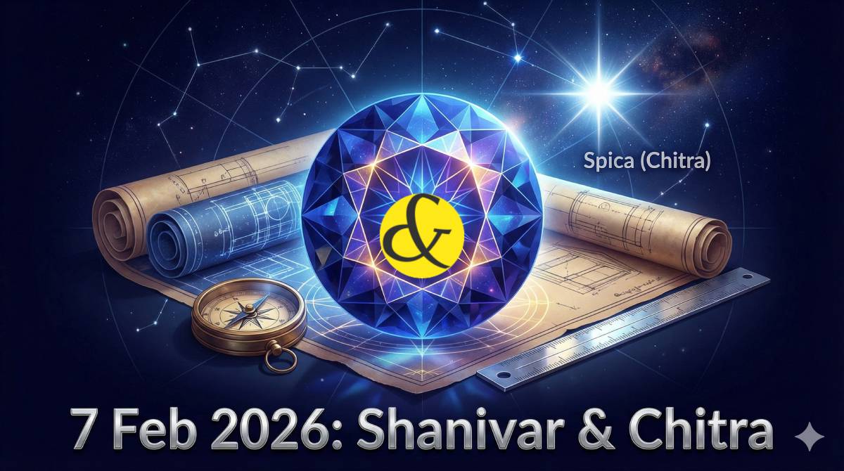 Blue Sapphire and Architectural tools representing Saturday 7th February 2026 astrology.