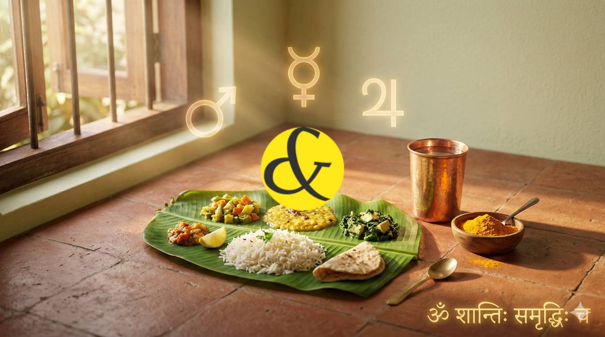 Traditional Indian meal on a leaf plate symbolizing astrological remedies for the 4th house.
