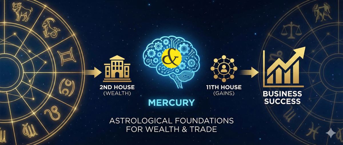 An infographic showing the astrological chart with the 2nd, 7th, 10th, and 11th houses highlighted in gold, representing the "Business Wealth Formula."