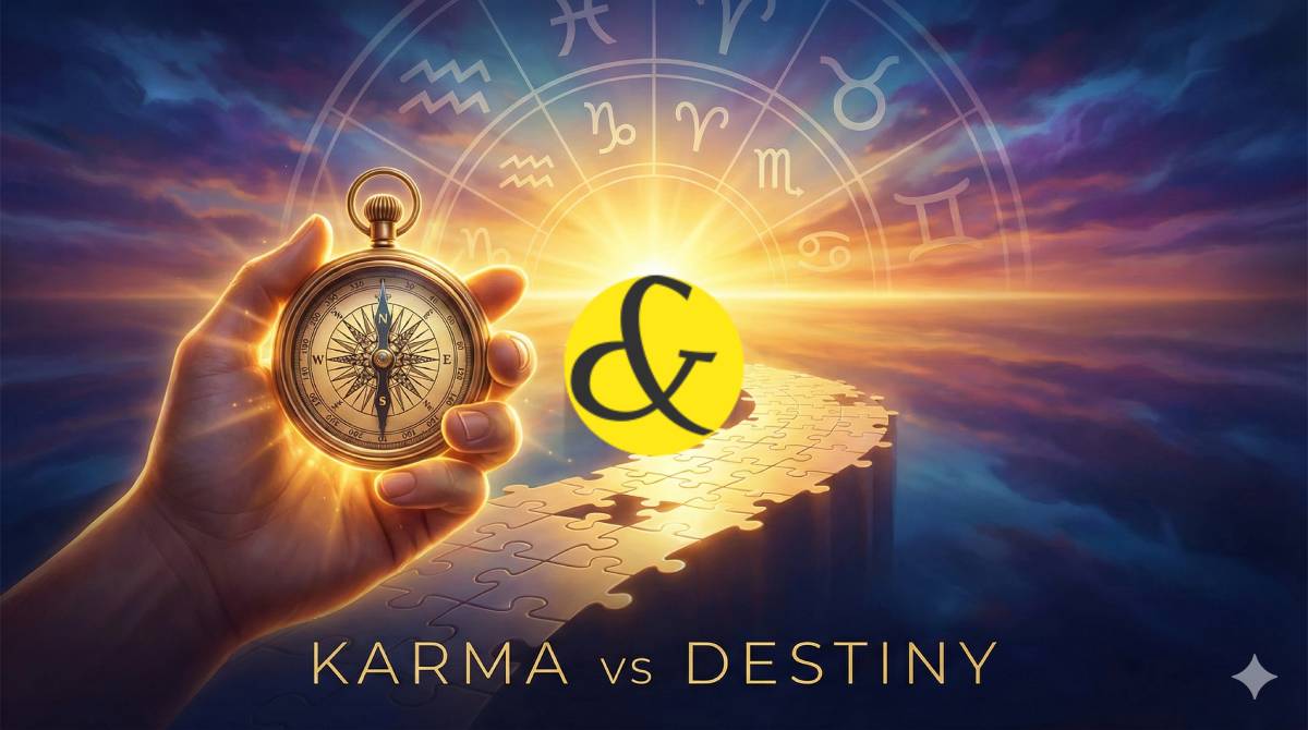 A compass and a path representing Astrology guiding human action.