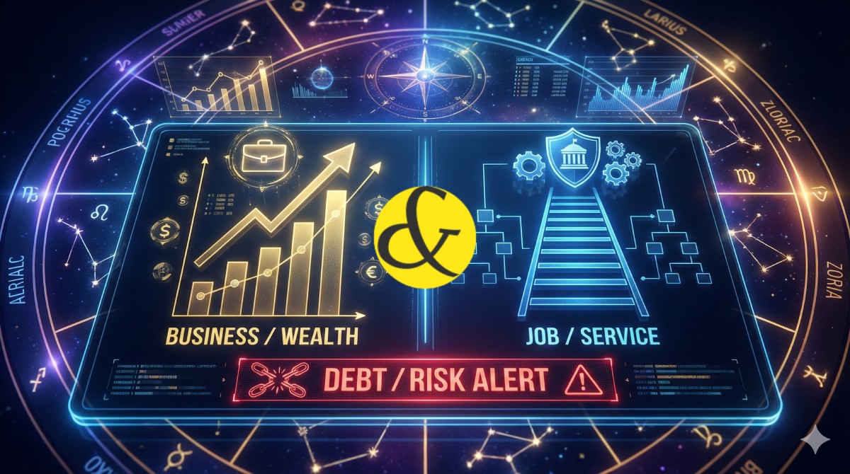 A high-tech holographic dashboard showing a golden scale balancing "Job" and "Business", with astrological charts for the 10th House, symbols of government authority, and a red warning zone for "Debt", set against a deep blue cosmic background.