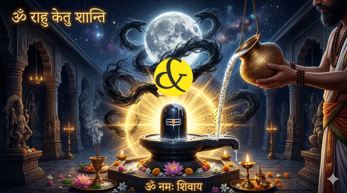 Shivling protecting the Moon from Rahu's shadow representing Chandra Grahan Yog remedies.