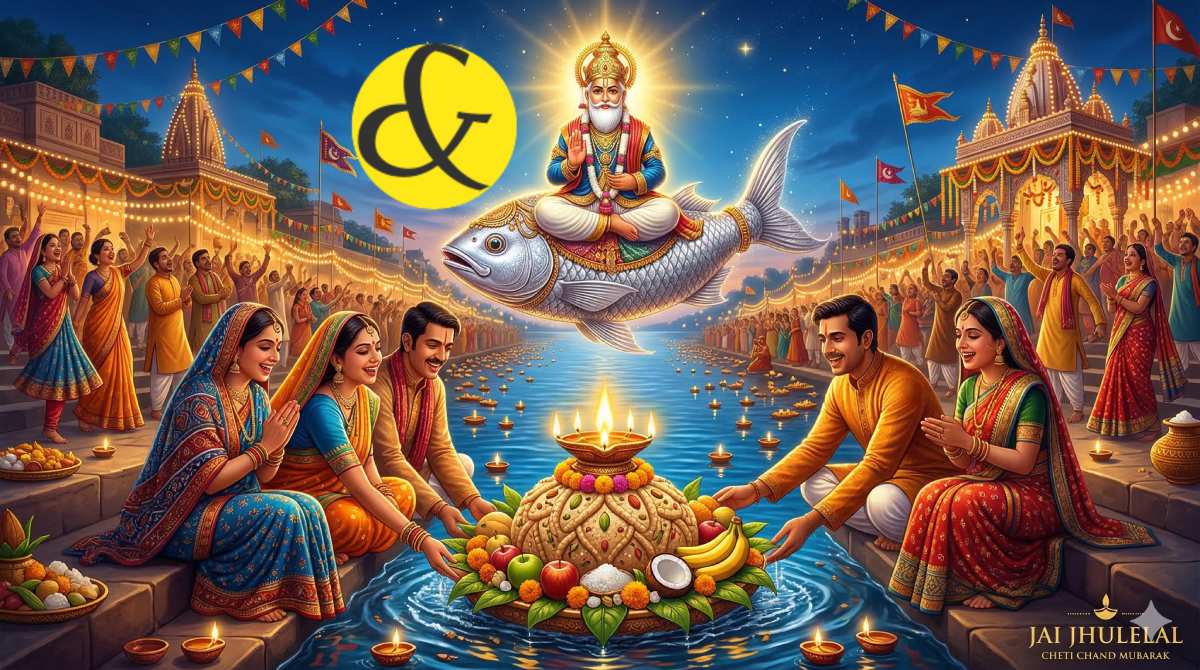 Devotees offering the sacred Behrana Sahib and Jyot into the river to Lord Jhulelal during the Cheti Chand Sindhi New Year festival 2026.