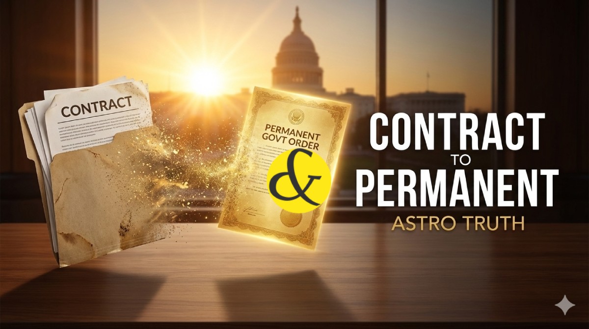 A split image showing a blurry "Contract" file on one side and a stamped, clear "Permanent" government seal on the other, symbolizing the astrological transition in career status.