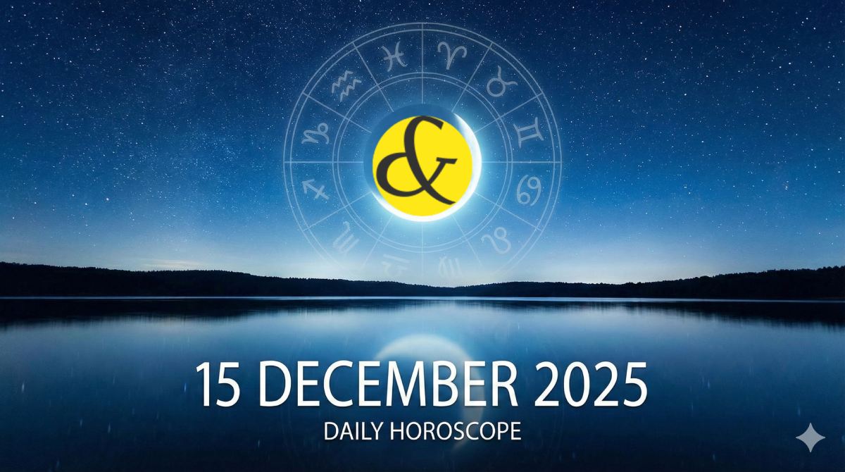 A horoscope graphic for Monday, 15 December 2025, featuring the Moon symbol and colorful cards displaying Nakshatra, Auspicious Timings, and Rahu Kaal.