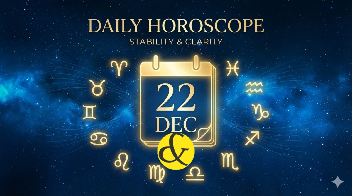 A cosmic calendar design displaying "22 December 2025" with zodiac wheel overlays, symbolizing the daily astrological forecast and Dhruva Yoga stability.