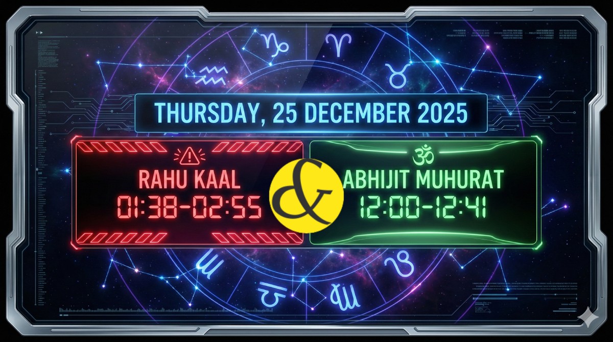 A digital astrological dashboard displaying the date "25 December 2025", with a red alert bar for Rahu Kaal and a green bar for Abhijit Muhurat, set against a deep cosmic background with zodiac symbols.