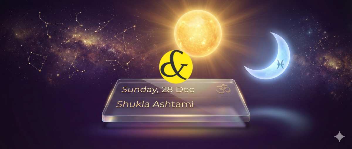 Daily Horoscope and Panchang for 28 December 2025 Sunday displaying zodiac wheel and planetary positions