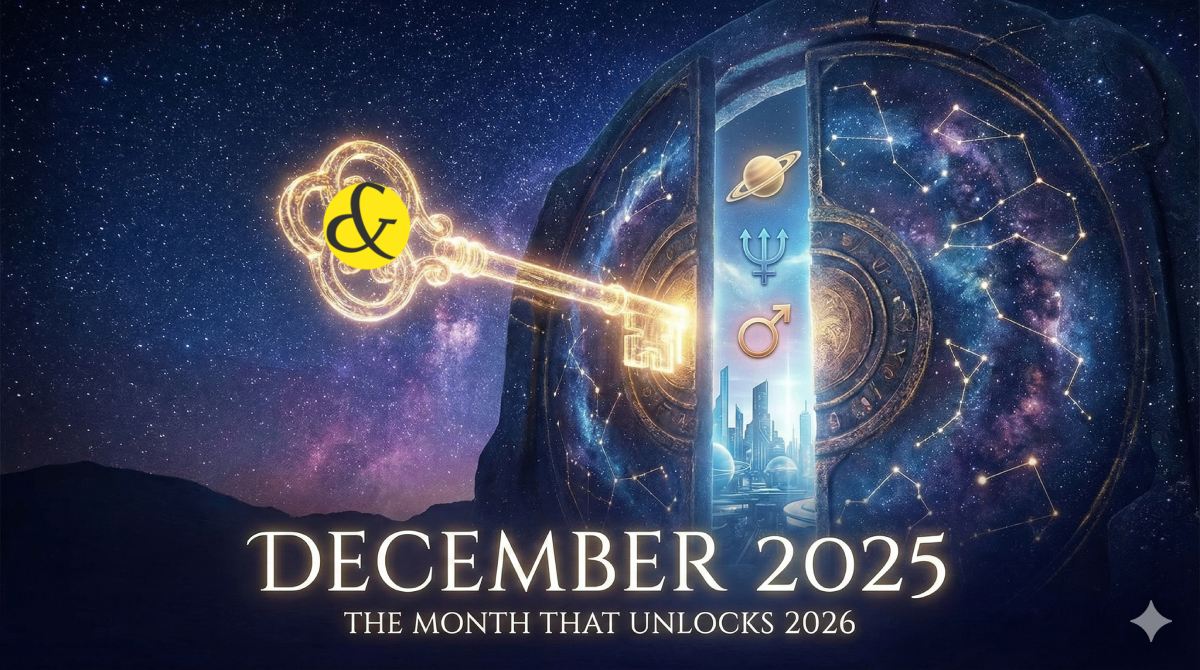 An astrological timeline showing December 2025 as a glowing key unlocking a massive door labeled "2026," with symbols of Mars, Saturn, and Neptune hovering in the background.