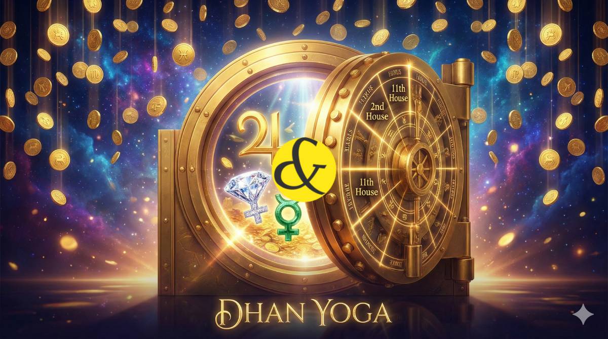 Golden vault and planetary symbols representing Dhan Yoga and Wealth Astrology.