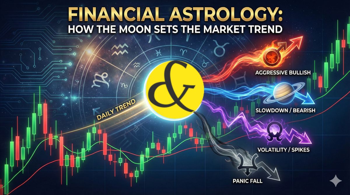 A financial astrology chart showing the Moon in the center connecting to Mars (Green Arrow/Up) and Saturn (Red Arrow/Down) with a stock market candlestick background.