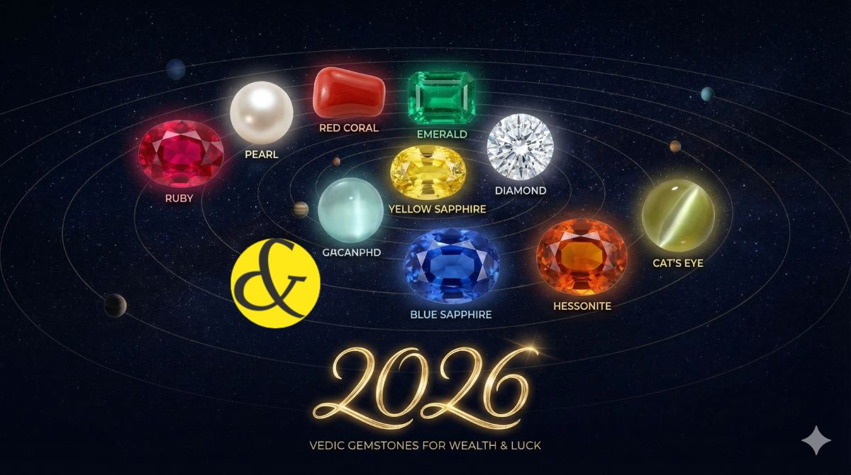 An infographic displaying the 9 Vedic Gemstones (Navratna) arranged in a circle, with the year "2026" in the center, highlighting Yellow Sapphire and Blue Sapphire as key stones for the year.