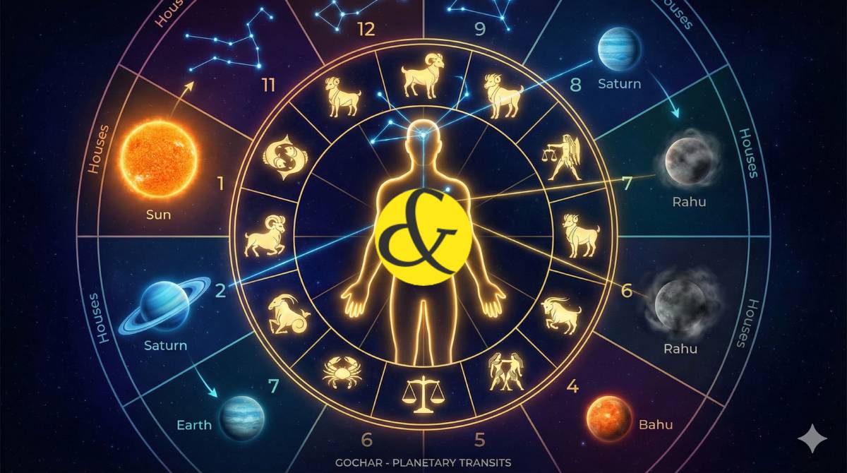 Planetary transit chart showing Sun, Moon, and Rahu affecting human life.