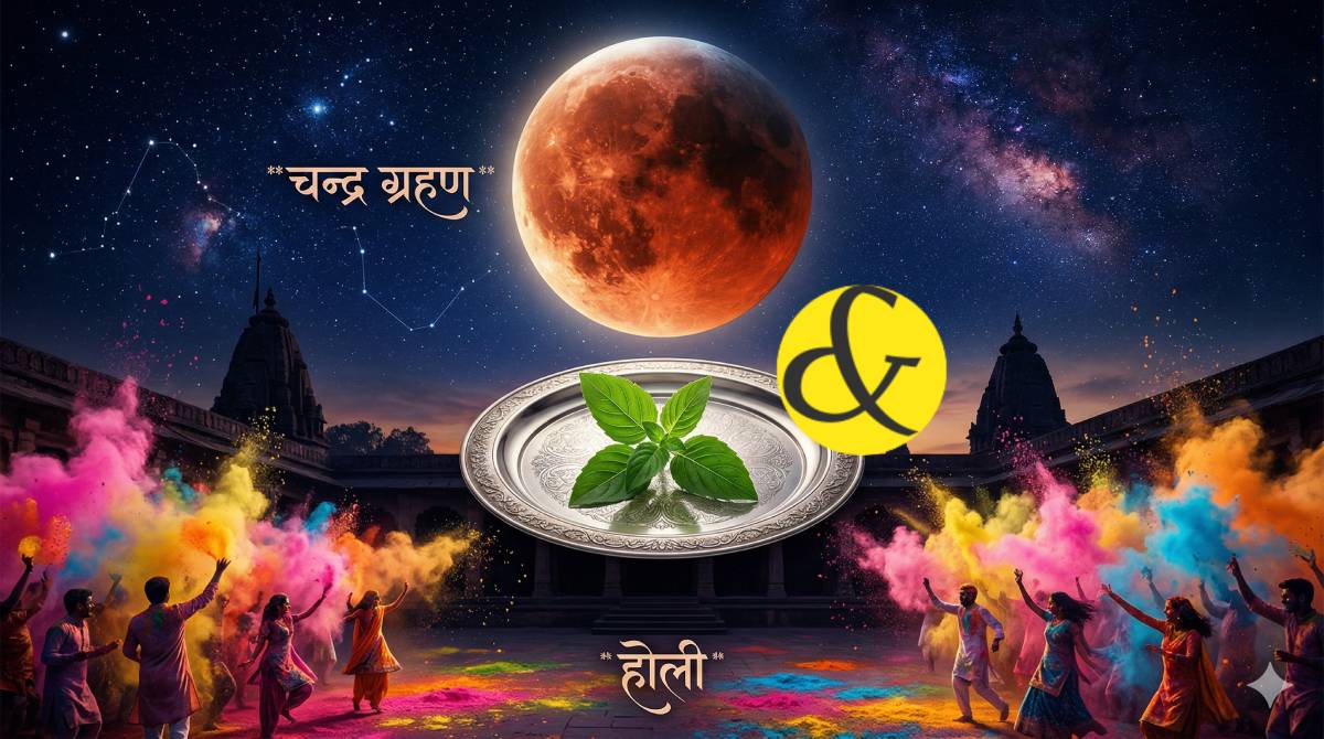 Lunar eclipse shadow contrasting with vibrant Holi colors.