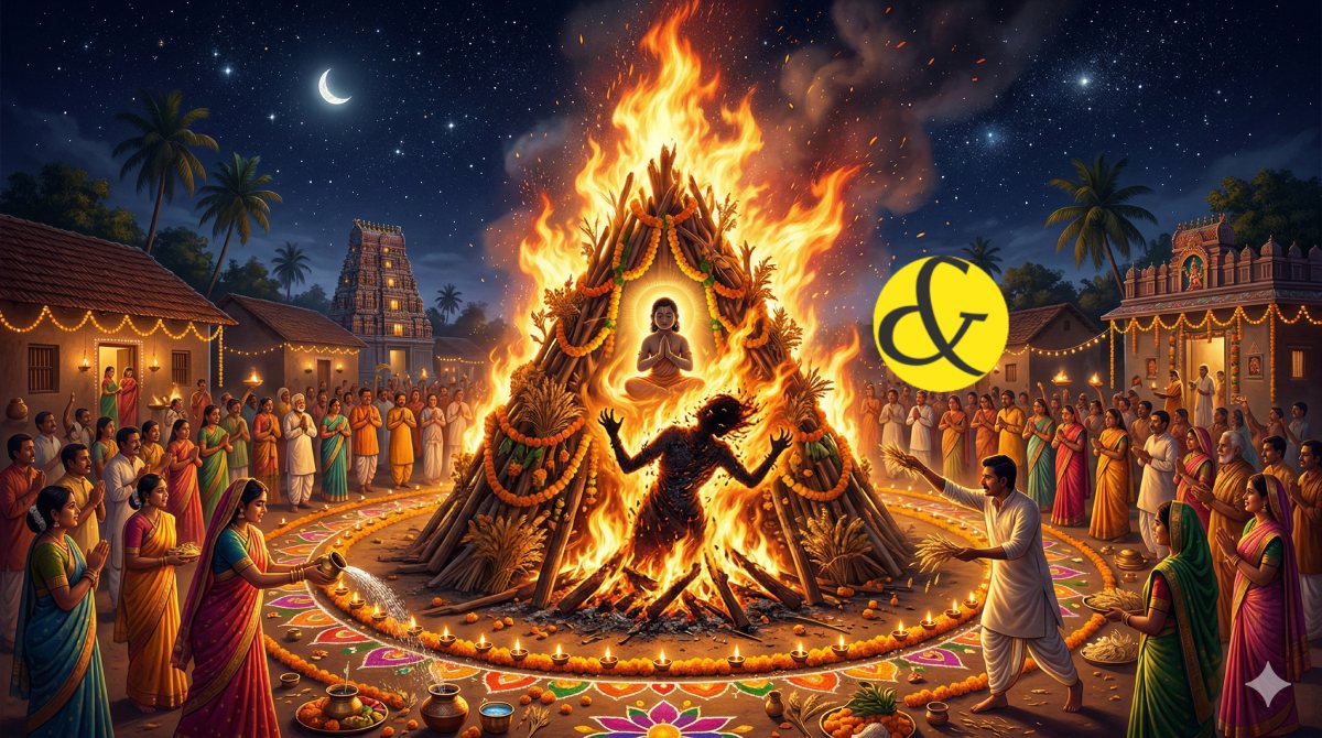 Sacred Holika Dahan fire and devotees performing Parikrama.
