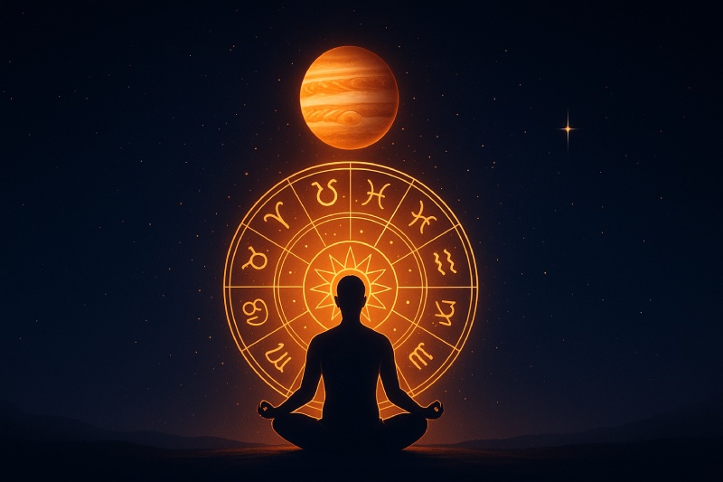 A person meditating with zodiac wheel and planets — symbolizing financial destiny and astrological timing