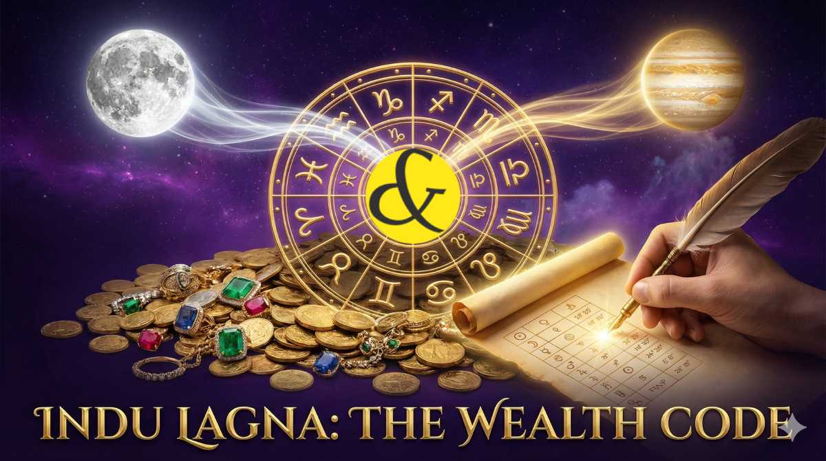 Astrological chart showing the calculation of Indu Lagna for wealth prediction.