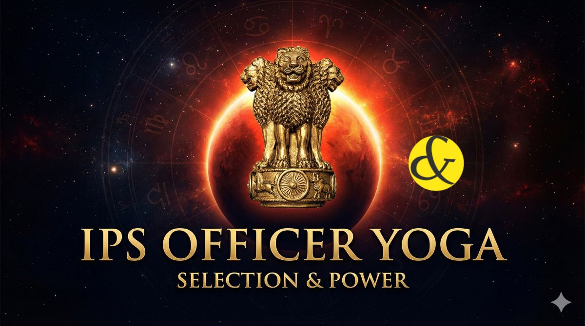 A glowing golden Indian Police Service (IPS) emblem or police cap floating in a deep red and blue cosmic background, symbolizing the astrological planetary yoga for authority and defense careers.