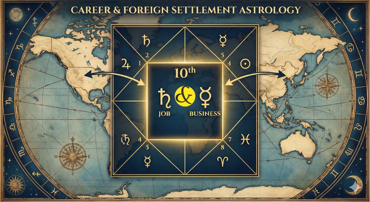 An astrological birth chart (Kundli) highlighting the 10th House of career, showing symbols for Saturn (Job) and Mercury (Business) with a background of a world map indicating foreign settlement.