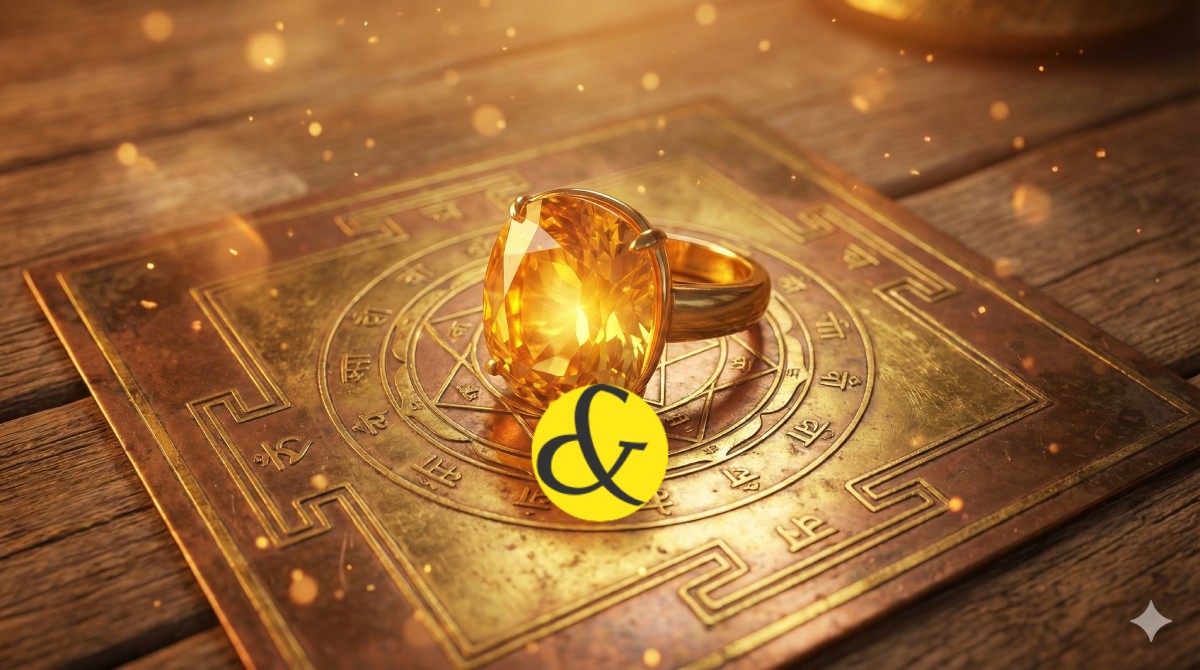 A spiritual composition featuring a glowing Yellow Sapphire (Pukhraj) ring floating over a geometric Jupiter Yantra. The background is a warm golden nebula, symbolizing the expansion of wealth and wisdom.